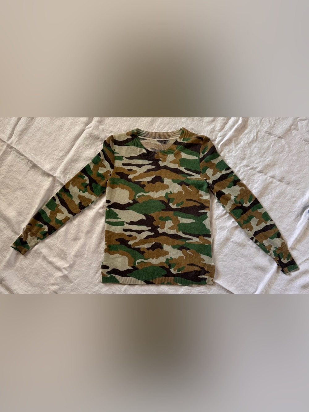 J.Crew 100% Cashmere Woodland Camo Crewneck Sweater Olive Green XS